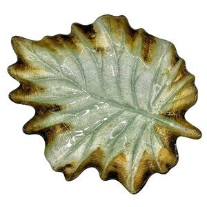 Leaf-Shaped Metal Trinket or Candy Dish Green and Gold 10 x 8 inches